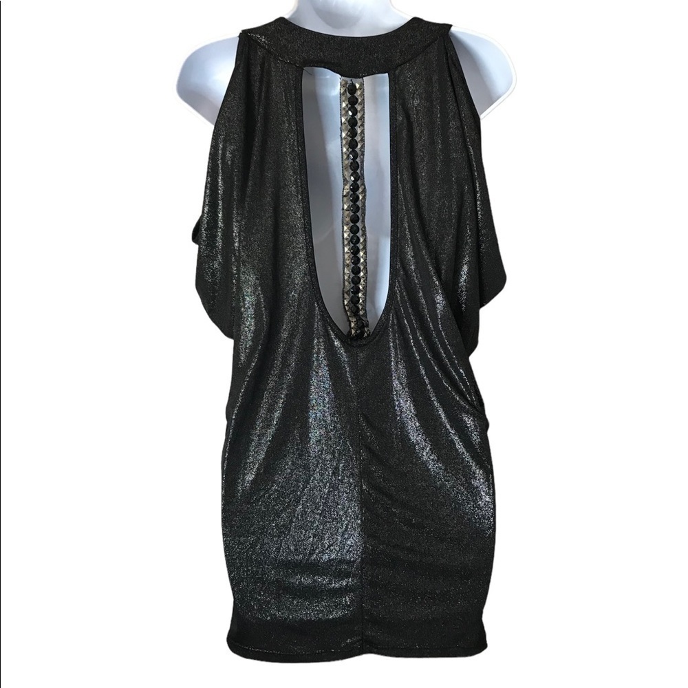 Penelope Project Shimmering Black Mini Dress W/Jeweled Detail Cutout Back Size M